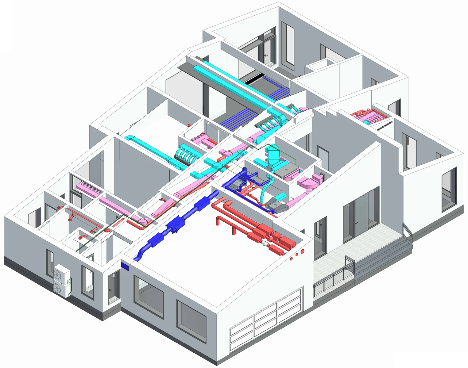 Общий 3D-вид вентиляции и кондиционирования дома в Крекшино